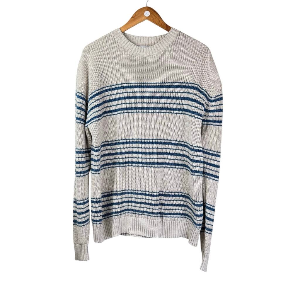 Old Navy Blue Tan Cotton Striped Cable Knit Chunky Long Sleeve Sweater